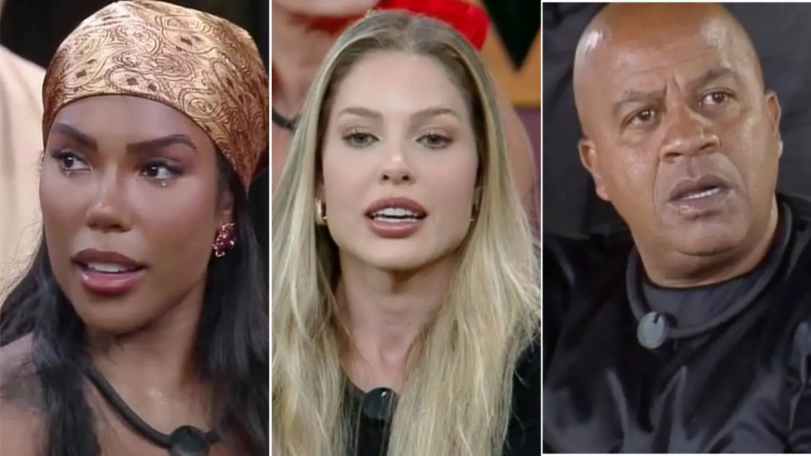 Imagem mostra colagem de fotos de Carol Lekker, Saory Cardoso e Toninho Tornado, participante do reality show A Fazenda que disputam a Prova do Fazendeiro e tentam escapar da oitava roça do programa.