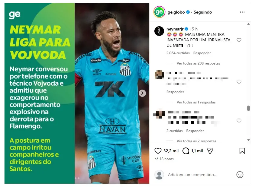 Neymar diz que notícia sobre ligação para Vojvoda é ‘mentira’ e xinga jornalista