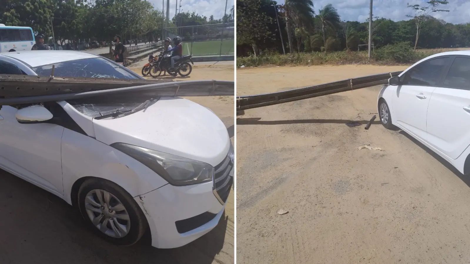 Montagem de fotos mostra poste caído sobre carro branco.