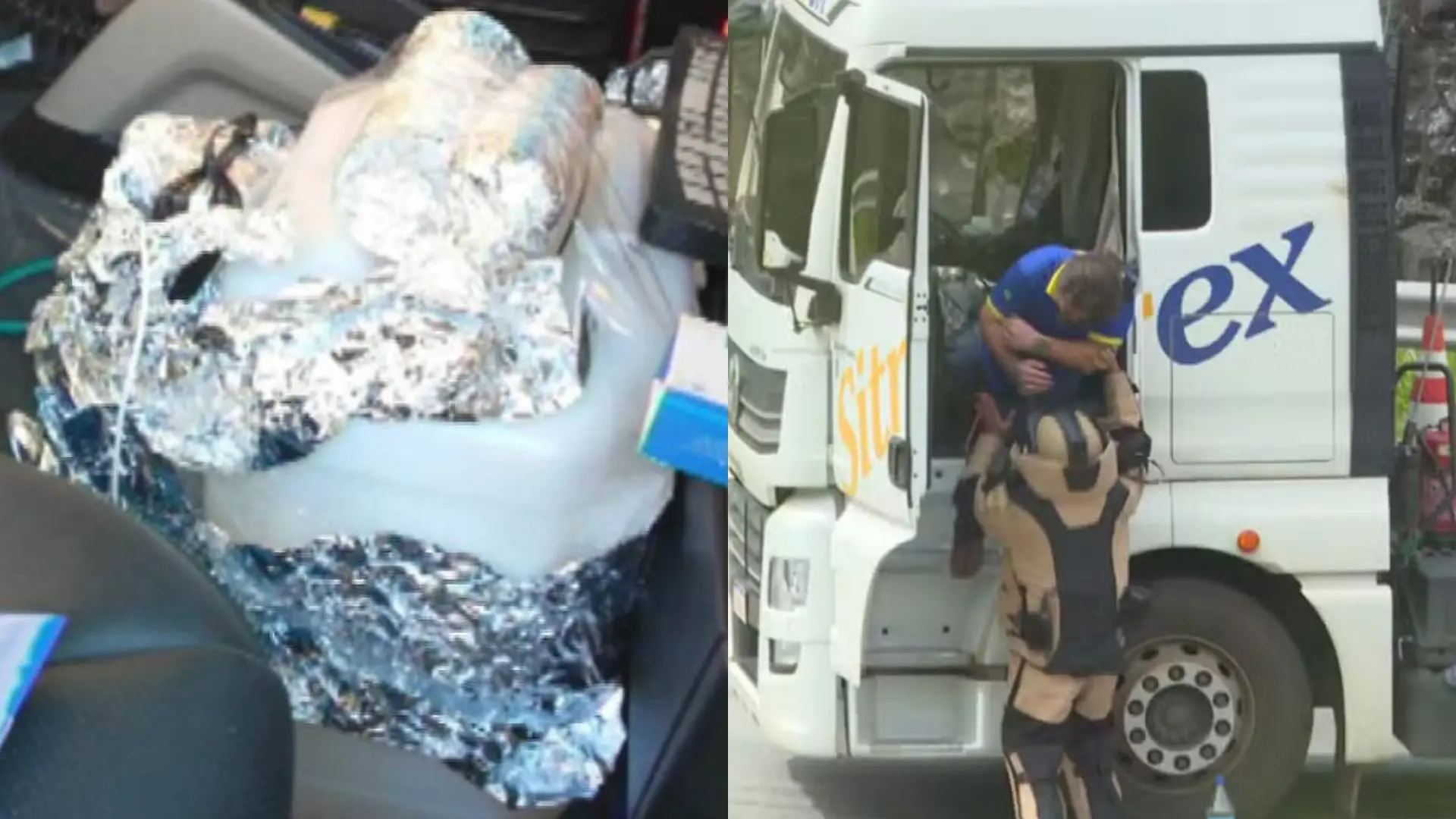 Colagem de fotos do caminhão bloqueando Rodoanel.