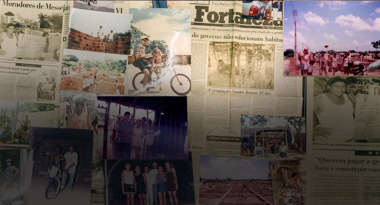 Colagem de fotos antigas e recortes de jornais que documentam a história do Santa Filomena em Fortaleza, com manchetes sobre habitação e imagens de construção e vida comunitária.