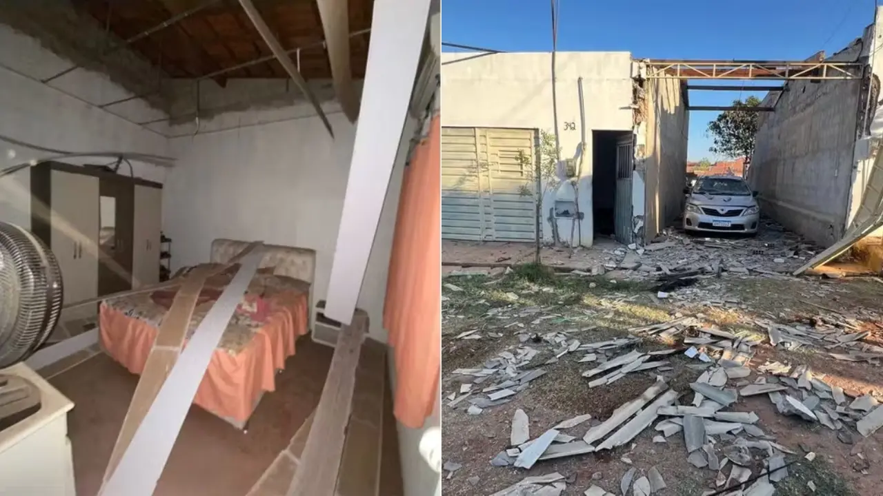 Fotos que mostram a destruição em Juazeiro do Norte (CE) após a explosão de uma fábrica clandestina de fogos de artifício. A imagem combina uma vista interna de um quarto com o forro desabado, e uma vista externa com o muro frontal e escombros espalhados.