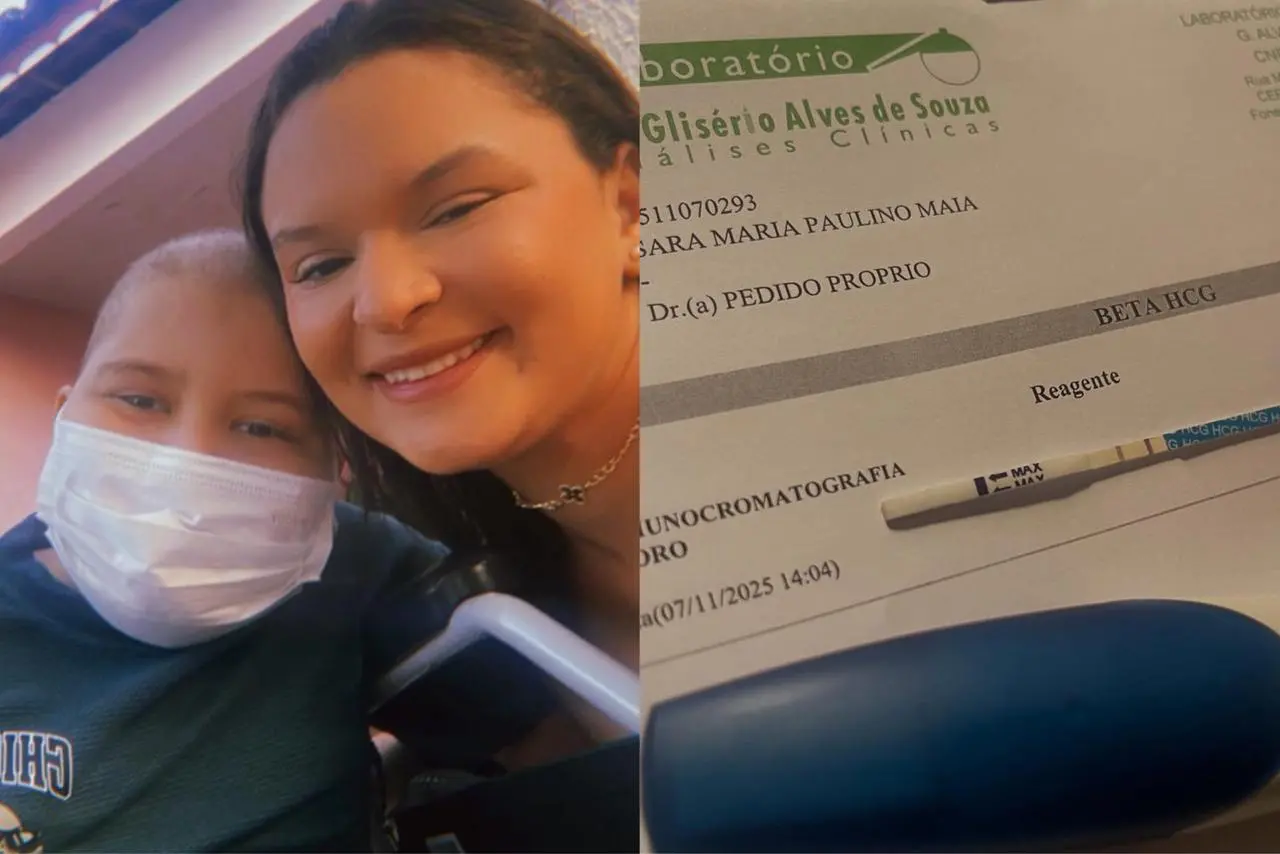 Paciente de câncer ao lado da mãe, usando máscara, ao lado uma imagem de um teste de gravidez reagente positivo