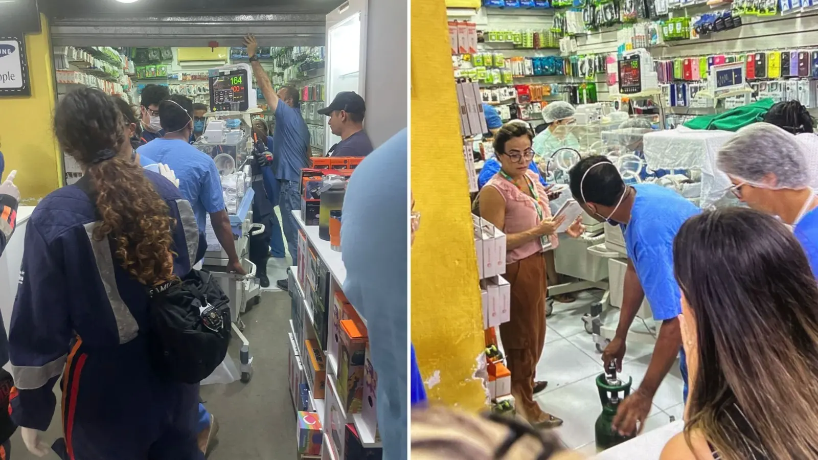 Montagem de fotos mostra a população colaborando para acomodar bebês em incubadoras no Beco da Poeira. Imagem de dentro de uma loja de acessórios para celulares mostra profissionais de saúde e populares em aglomeração. Dá pra ver que os profissionais operam máquina de oxigênio.