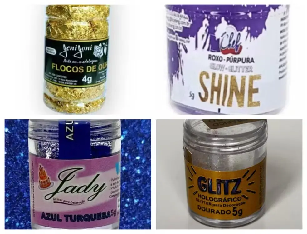 A foto mostra 4 marcas de glitters suspensas pela Anvisa.