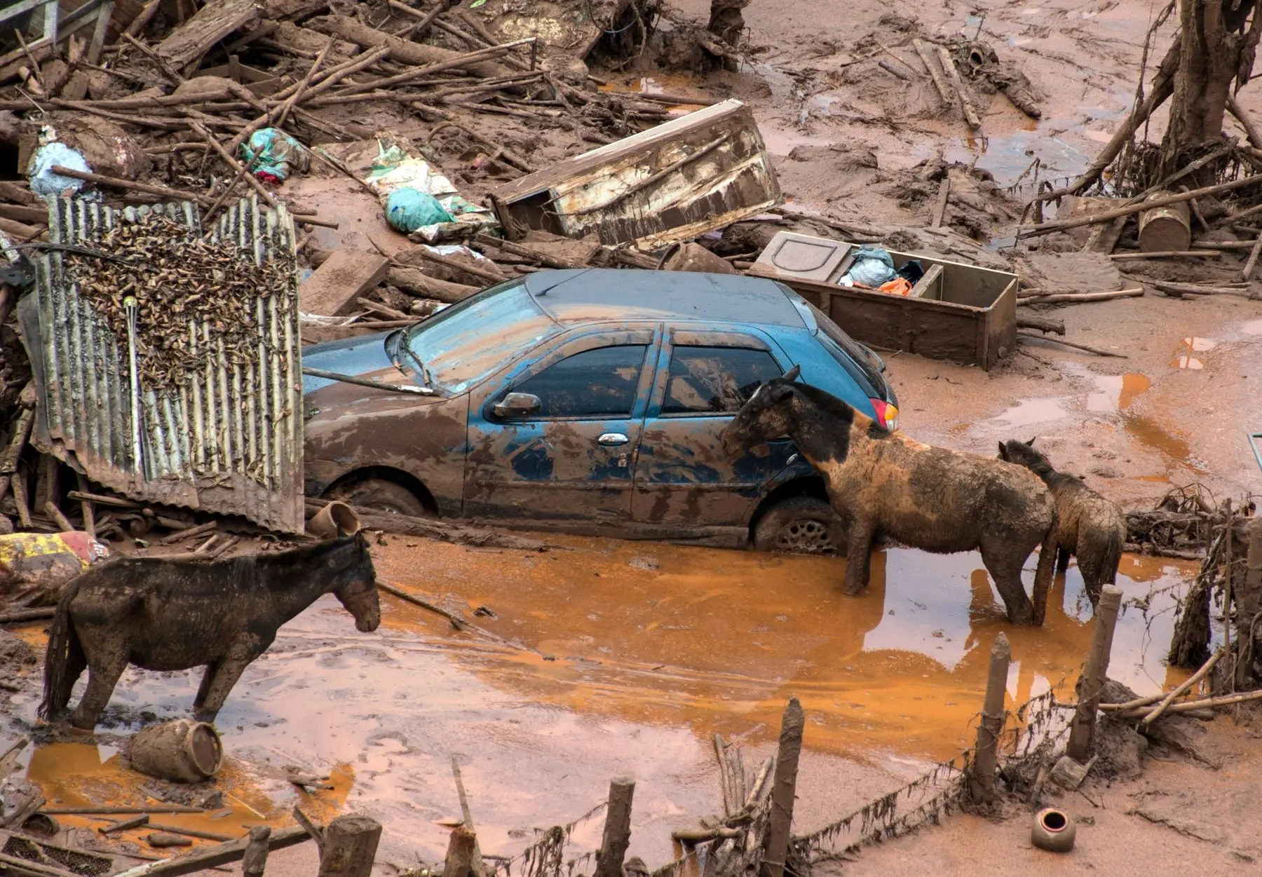 imagem aérea mostra lama e muitos objetos, inclusive um carro, após a tragédia de mariana, em minas gerais.