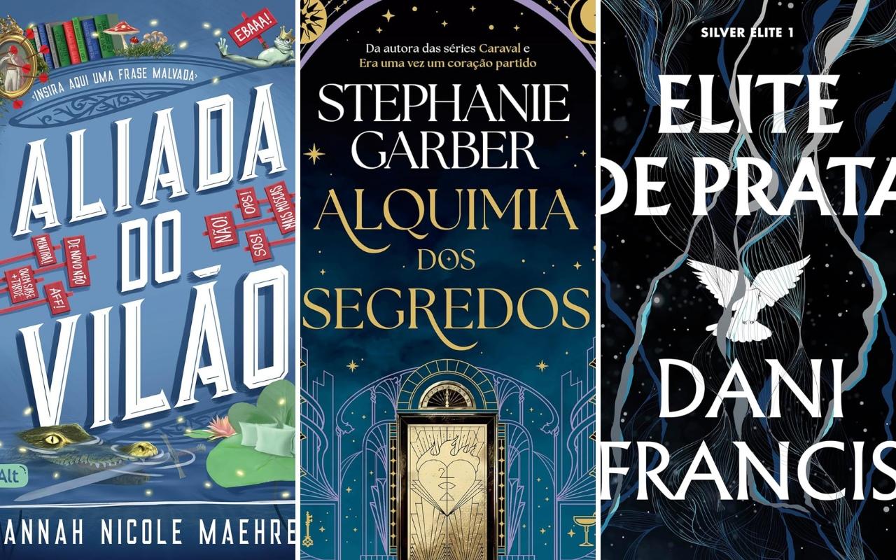 Capa dos livros Elite de Prata, Alquimia dos Segredos e Aliada do Vilão para matéria sobre lançamentos de fantasia.