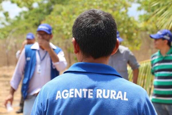 Homem visto de costas veste uma camisa azul com a frase “AGENTE RURAL” estampada em branco. Ele está em um ambiente externo, sob luz natural, onde outras pessoas — também usando roupas e bonés azuis — aparecem ao fundo de forma desfocada. A cena sugere uma atividade de campo ou visita técnica em área rural, com árvores e vegetação ao redor.