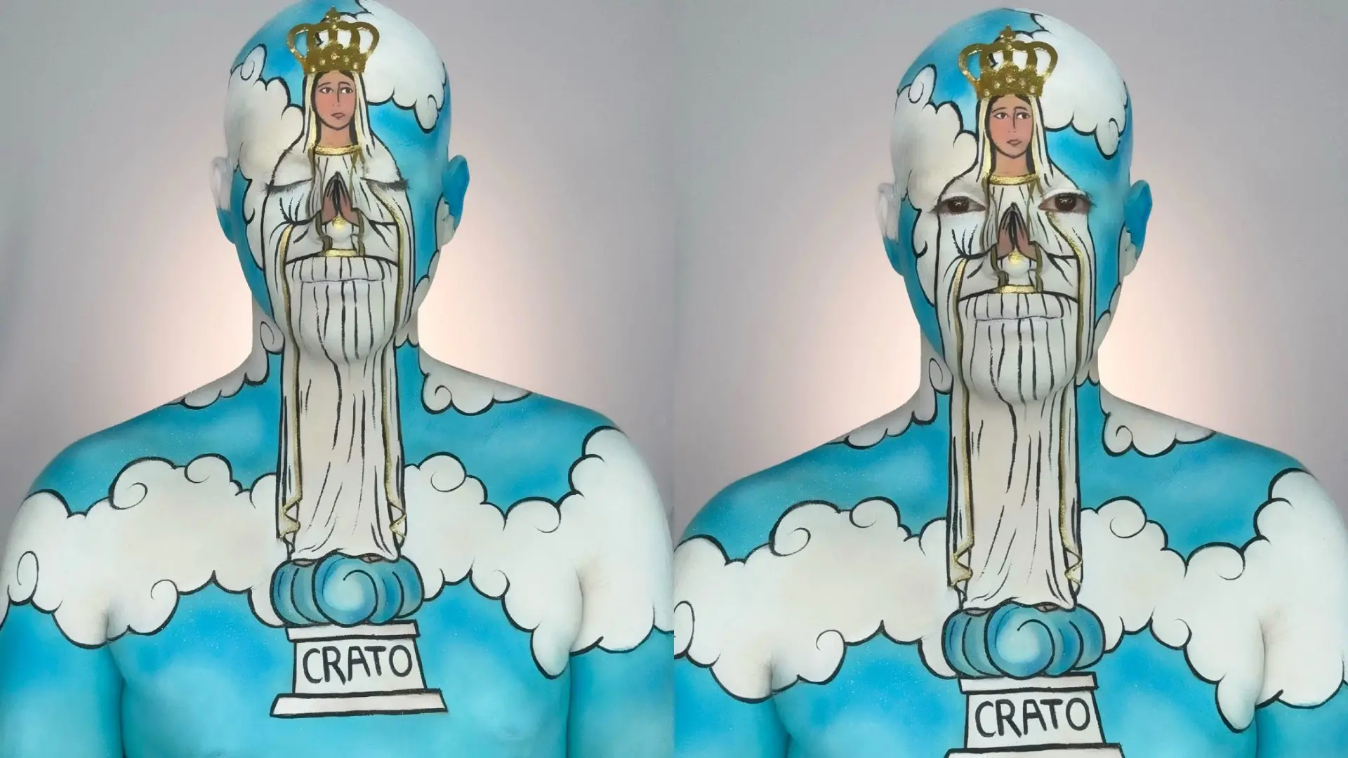 Pessoa com o corpo e o rosto completamente pintados em estilo ilustrado, representando a estátua de Nossa Senhora de Fátima do Crato. O fundo do corpo é azul com nuvens brancas desenhadas, e a imagem da santa ocupa o centro do rosto e do tronco, com coroa dourada no topo da cabeça. A base da figura traz a palavra “CRATO”. Na segunda imagem, os olhos da pessoa estão abertos, integrados ao desenho.