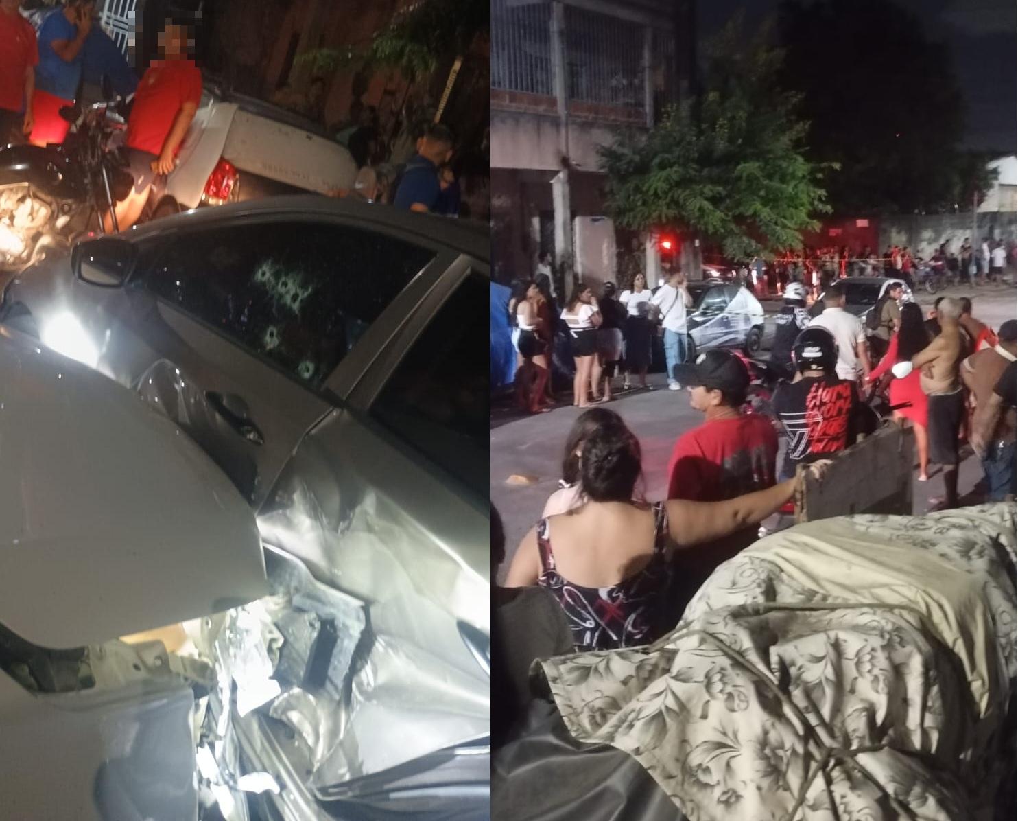 Uma imagem mostra dois carros colididos, sendo um deles baleado. A outra imagem mostram pessoas em volta do carro baleado, em Fortaleza.