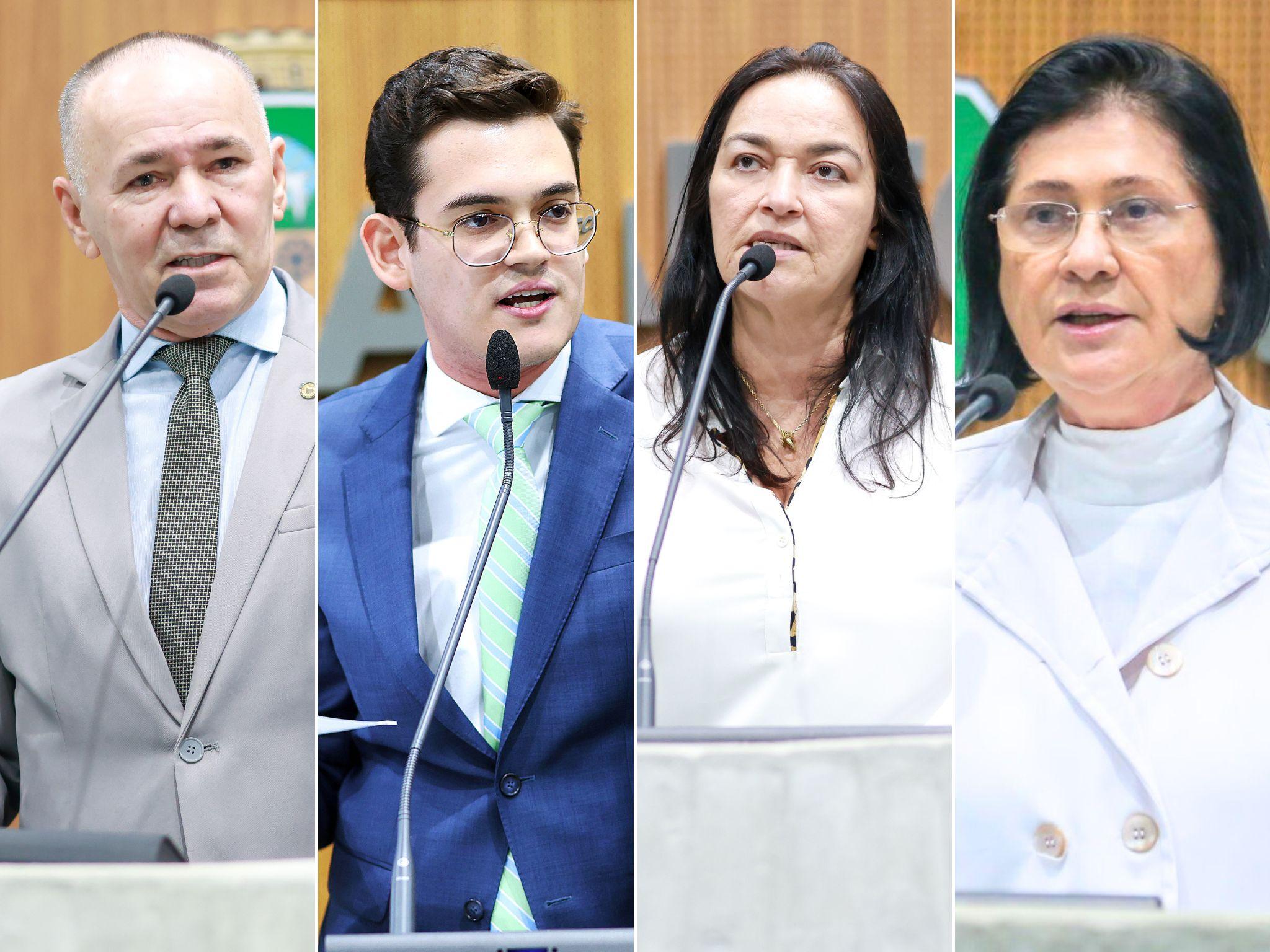 Fotos mostram deputados estaduais Alcides Fernandes, Carmelo Neto, Dra. Silvana e Marta Gonçalves durante discursos na tribuna da Alece.