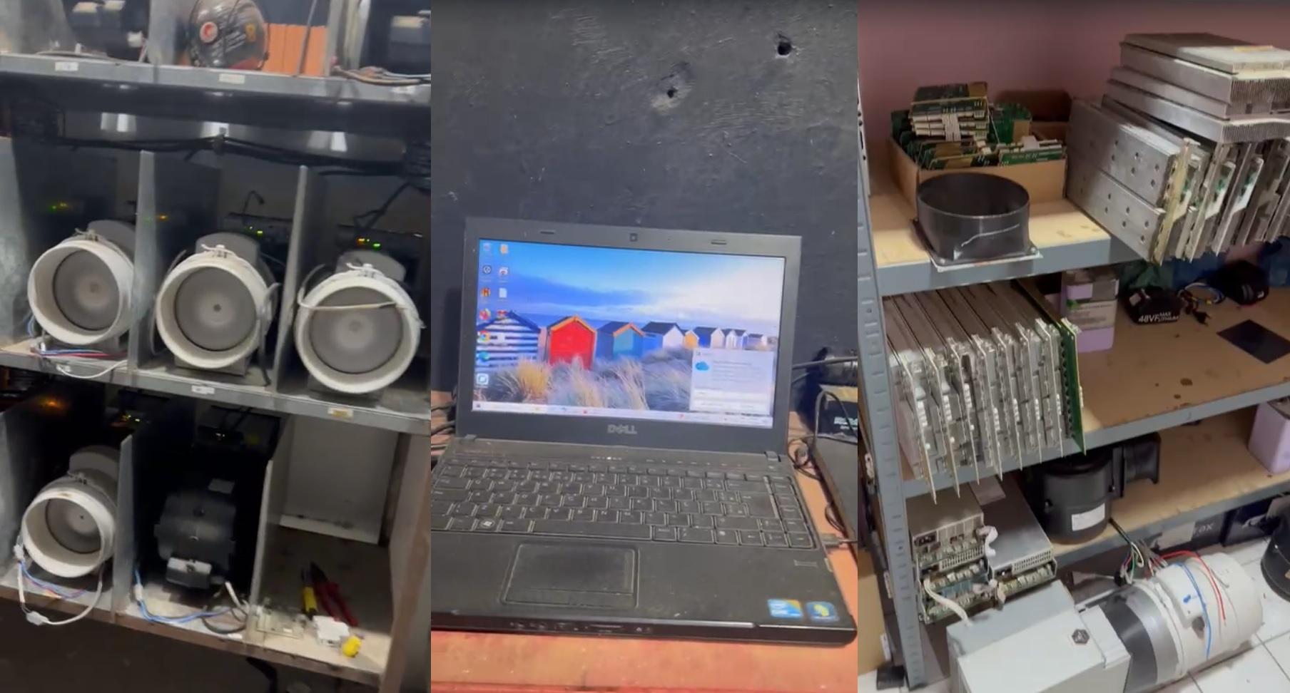 A montagem de imagens mostra computadores e outras máquinas que formam uma mineradora de criptomoedas, que funcionava em uma casa de médio porte, em Chorozinho.