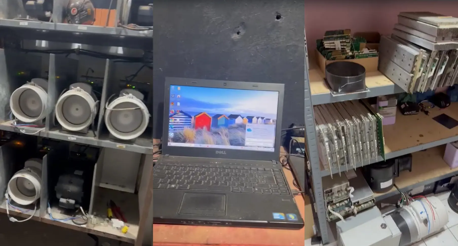 A montagem de imagens mostra computadores e outras máquinas que formam uma mineradora de criptomoedas, que funcionava em uma casa de médio porte, em Chorozinho.