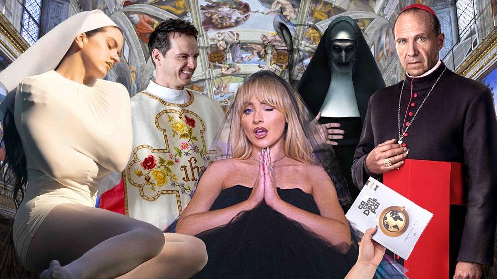 Na imagem, colagem surrealista com temática de Cristianismo/Pop. Em primeiro plano, uma mulher com cabelos loiros e franja, usando um vestido preto tomara que caia, está sentada com as mãos em posição de oração e a boca aberta. À sua esquerda, uma mulher vestida como uma freira apertada e envolta em um tecido branco está sentada, com os olhos fechados. Ao seu lado, um homem branco sorridente está vestido como um padre com uma casula branca bordada. Ao fundo, uma freira de aparência sombria e vestida de preto (como o personagem 