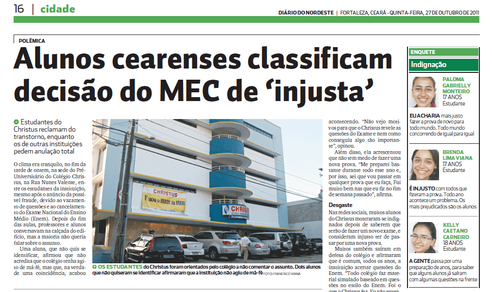Uma captura de tela de uma página de jornal (Diário do Nordeste, 27 de Outubro de 2011), mostrando a seção 