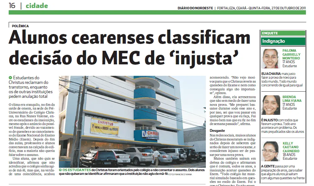 Uma captura de tela de uma página de jornal (Diário do Nordeste, 27 de Outubro de 2011), mostrando a seção 