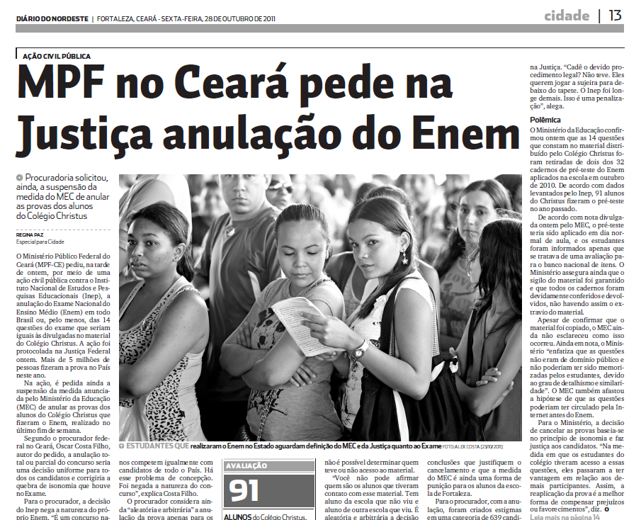 Uma captura de tela de uma página de jornal (Diário do Nordeste, 28 de Outubro de 2011), mostrando a seção 