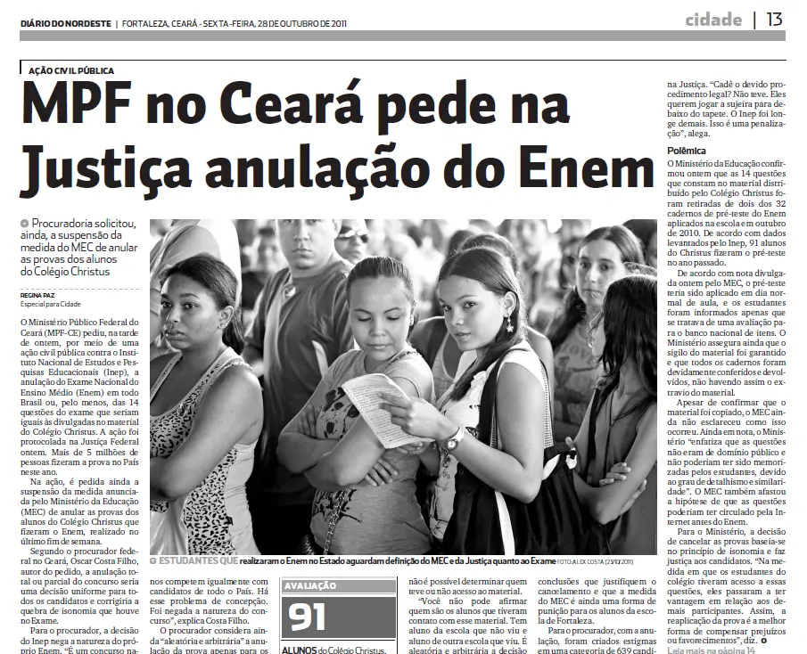 Uma captura de tela de uma página de jornal (Diário do Nordeste, 28 de Outubro de 2011), mostrando a seção 