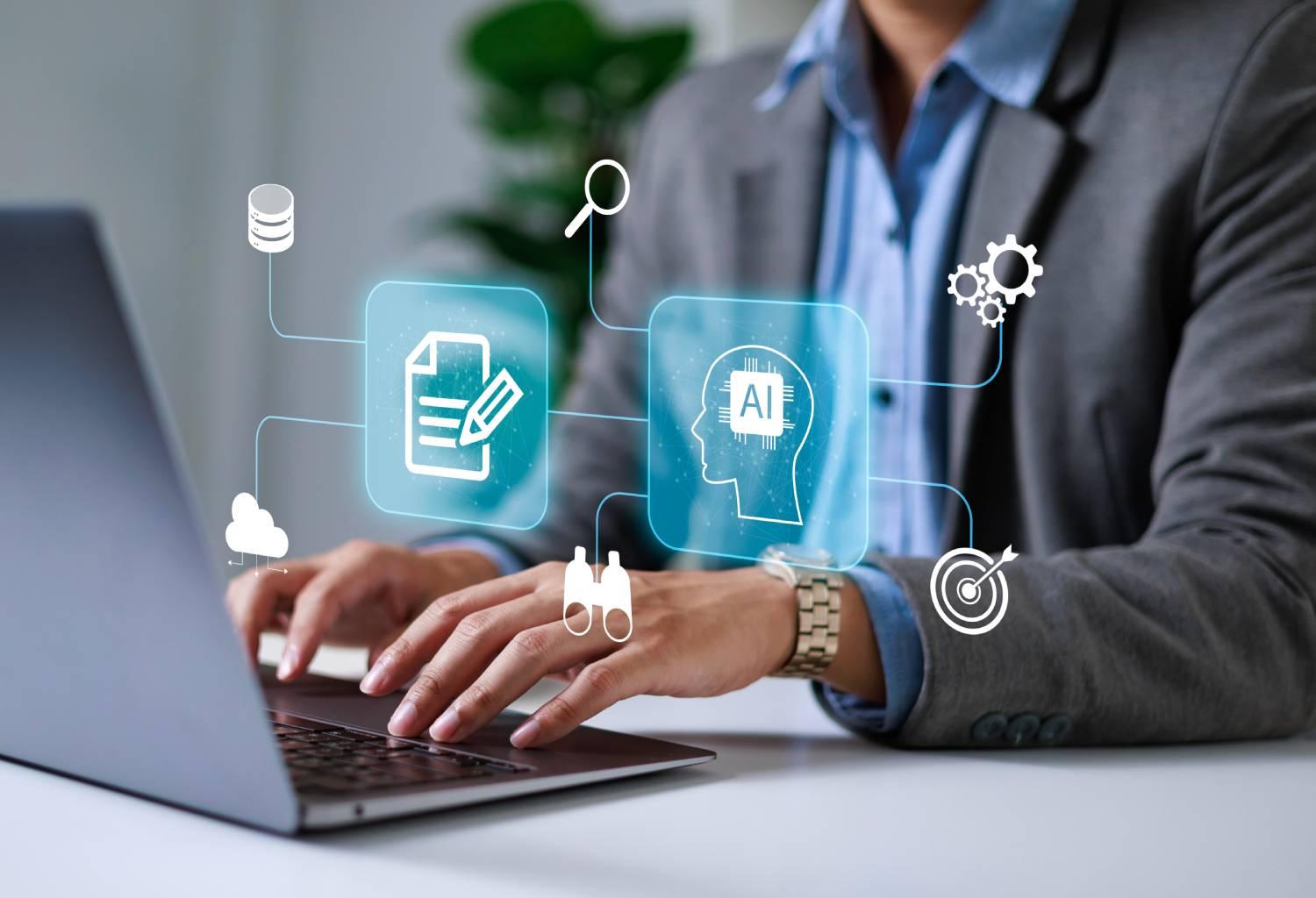 Imagem mostra empresário que usa o notebook para controlar a IA na mesa no escritório.