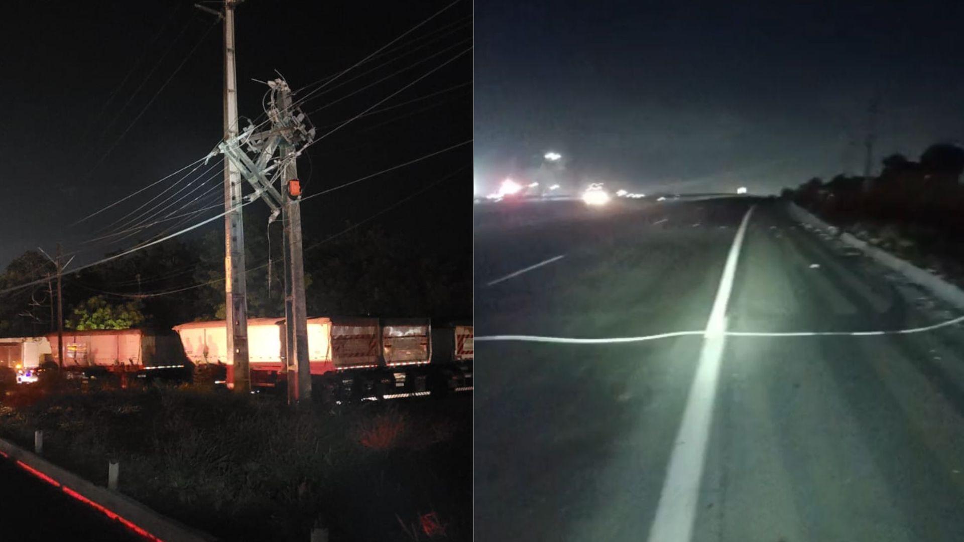 Colagem mostrando o poste caído com a rodovia sem luz.