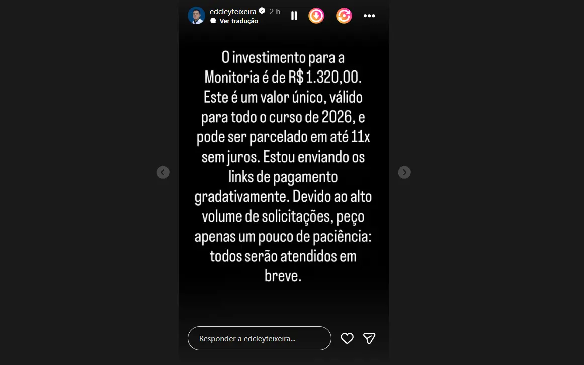 Print do Instagram de Edcley vendendo monitorias ao Enem para 2026