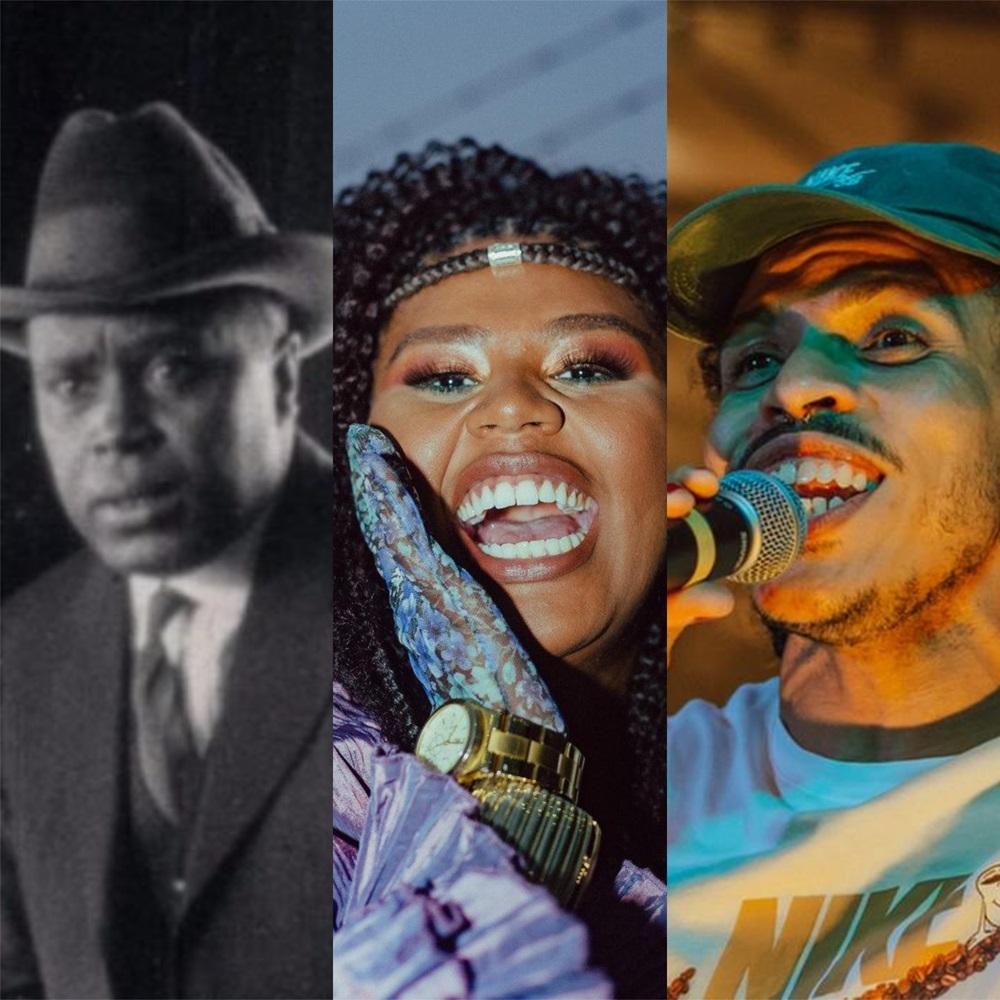 Na imagem, uma colagem verticalmente dividida em três partes, cada uma com o retrato de uma personalidade negra brasileira, representando o Dia da Consciência Negra; esquerda (Preto e Branco): Retrato de corpo cortado de um homem negro mais velho, usando um terno escuro e um chapéu fedora. Ele está olhando ligeiramente para a frente com uma expressão séria. (Provavelmente é o jurista e abolicionista Luiz Gama ou outro líder histórico); centro (Colorido): Uma mulher negra, sorridente, com cabelo encaracolado preso e adornado com um acessório prateado. Ela usa maquiagem marcante e uma peça de roupa roxa. Um grande relógio de pulso dourado está visível em seu braço direito. (Provavelmente é a cantora e rapper Drik Barbosa); direita (Colorido): Retrato de um jovem homem negro, sorrindo e cantando em um microfone. Ele usa um boné verde e um agasalho branco com um logotipo 