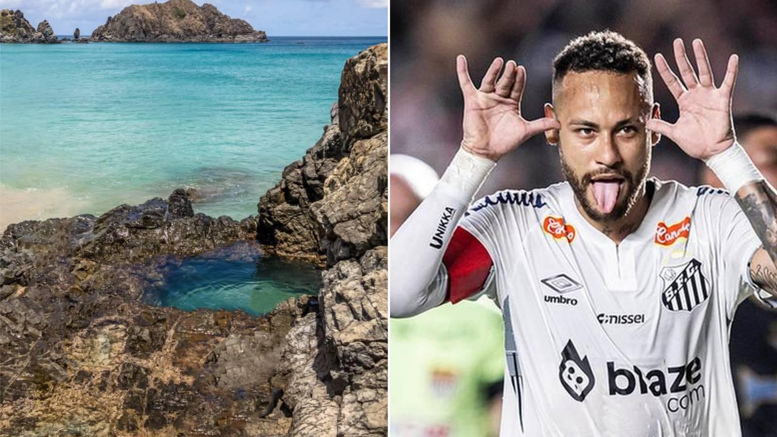 Colagem com duas imagens mostra, à esquerda, a piscina natural conhecida como Buraco do Galego ou Buraco do Neymar, em Fernando de Noronha, e, à esquerda, aparece Neymar Jr. fazendo careta com língua para fora e usando uniforme do Santos.