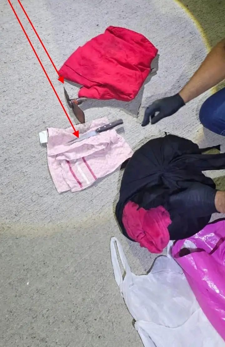 A imagem mostra uma faca e um machado de médio porte, usados nno homicídio da jovem.