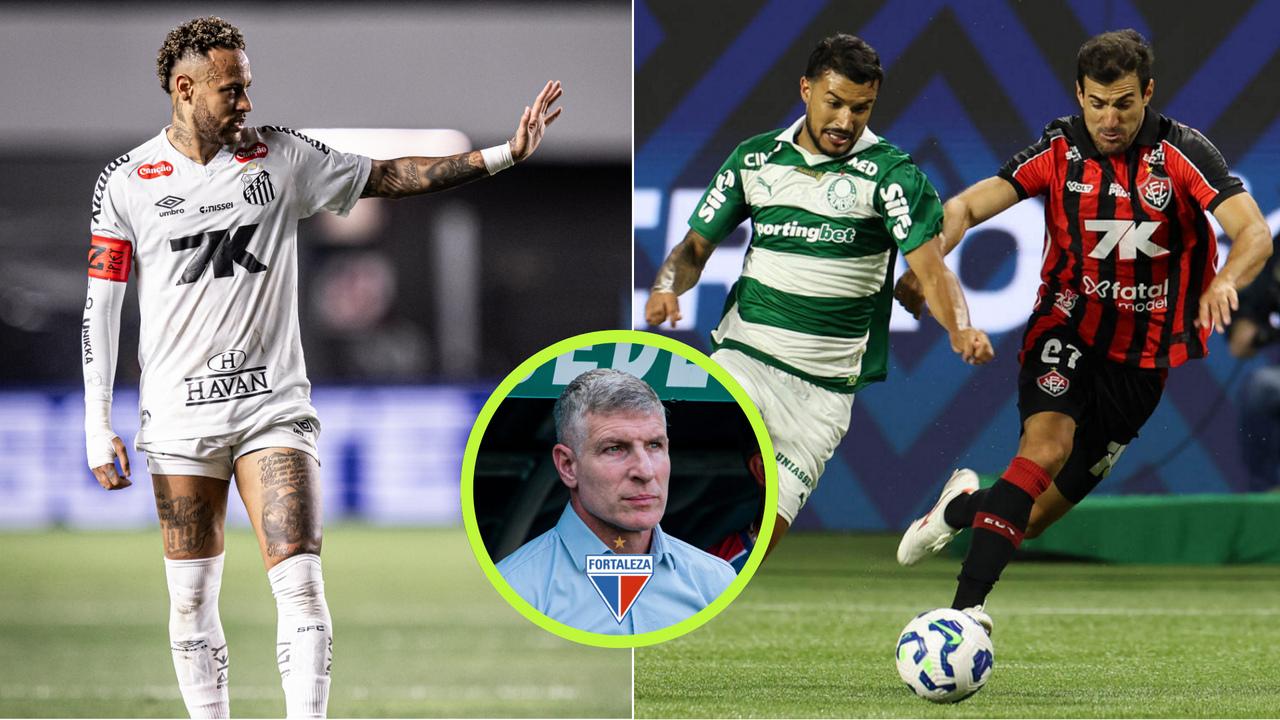 Neymar em batida de falta, seguida de uma foto redonda de Palermo e na direita foto do lance Palmeiras x Vitória