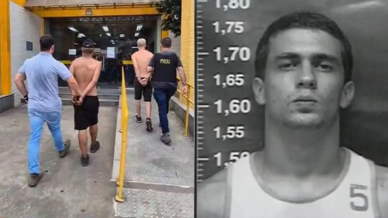 À esquerda, em foto colorida, dois homens algemados e sem camisa estão sendo escoltados por dois policiais. À direita, em foto preto e branco e em formato de ficha policial, está o rosto e parte do tronco de Pedro Dom, com uma escala de altura ao lado.