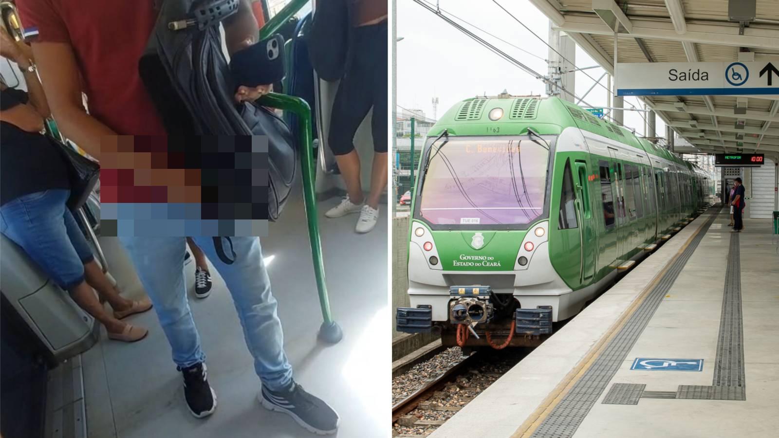 Colagem mostra, à esquerda, imagem de homem flagrado se masturbando no metrô de Fortaleza em uma versão censurada, e, à direita, um veículo do metrô de Fortaleza.