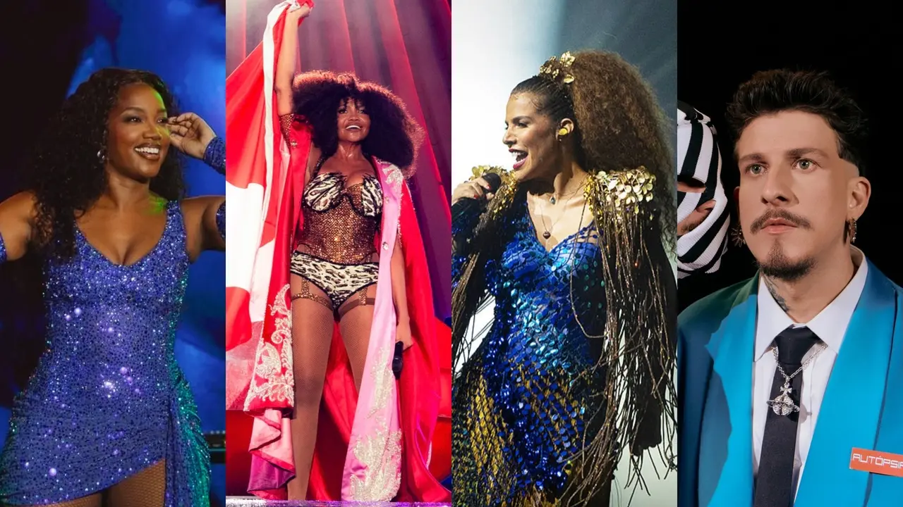 Montagem de fotos com os cantores Iza, Gaby Amarantos, Vanessa da Mata e Getúlio Abelha, que se apresentam no Festival Elos.