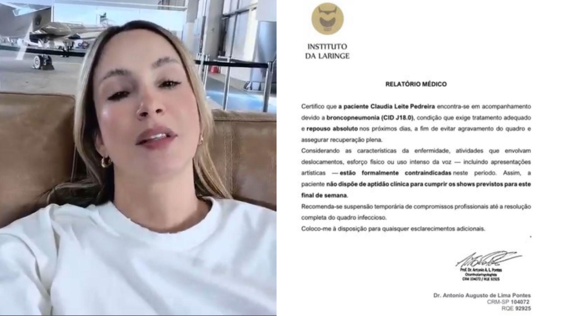 Colagem mostra o rosto de Claudia Leitte e do atestado médico ao lado.