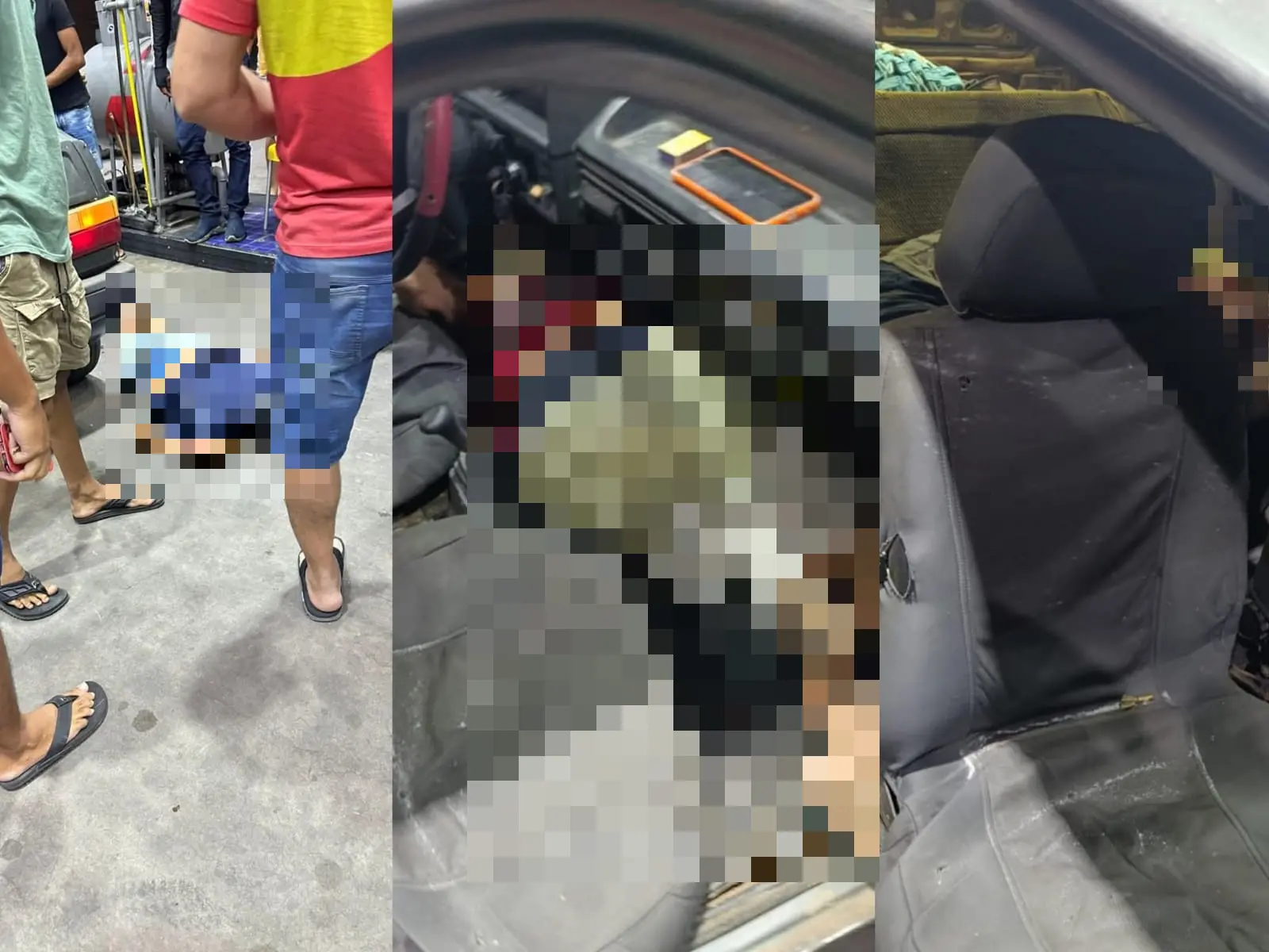 A montagem de imagens mostra três corpos de vítimas de assassinatos, dentro e ao lado de um carro, em um posto de combustíveis em Juazeiro do Norte.