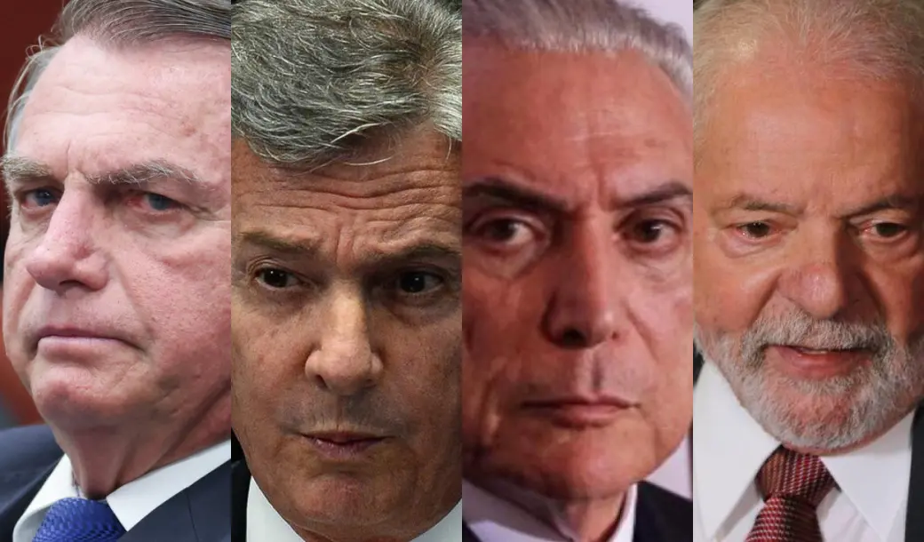 A foto mostra figuras políticas, cada um em um recorte vertical separado.