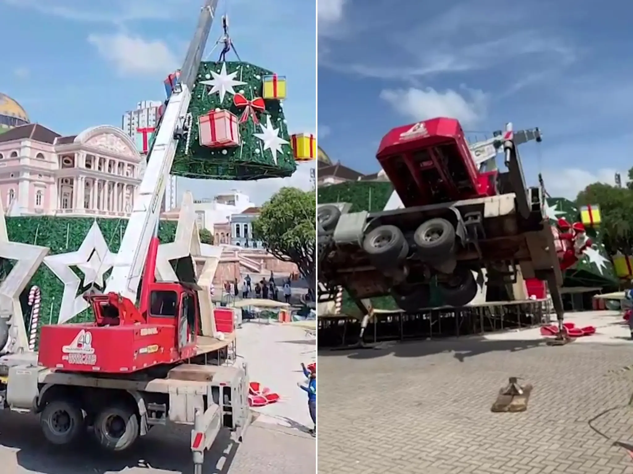 Fotos mostram momento do acidente no qual árvore de Natal caiu sobre trabalhadores em Manaus.