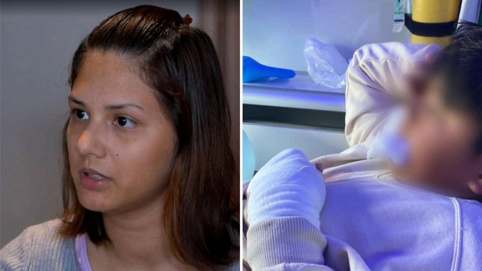 Colagem mostra, à esquerda, imagem de Nívia Estevam, mãe do garoto brasileiro que teve dedos cortados em escola de Portugal, e, à direita, mostra imagem do garoto em hospital com mãe enfaixada.