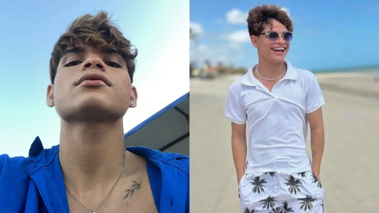 Fotos do jovem Paulo Victor. Uma delas, olhando para câmera e outra posada na praia.