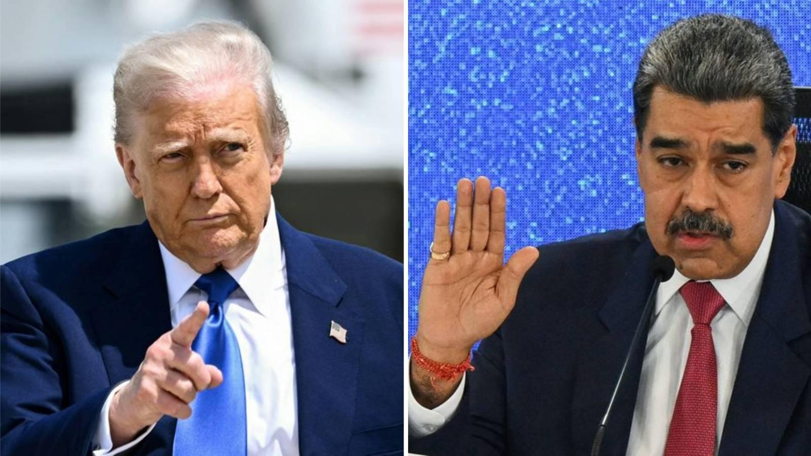 Esta combinação de fotos de arquivo mostra o presidente dos EUA, Donald Trump (esquerda), gesticulando enquanto caminha para embarcar no Air Force One na Joint Base Andrews, em Maryland, e o presidente da Venezuela, Nicolás Maduro, falando durante uma coletiva de imprensa com a mídia internacional no Hotel Eurobuilding em Caracas.