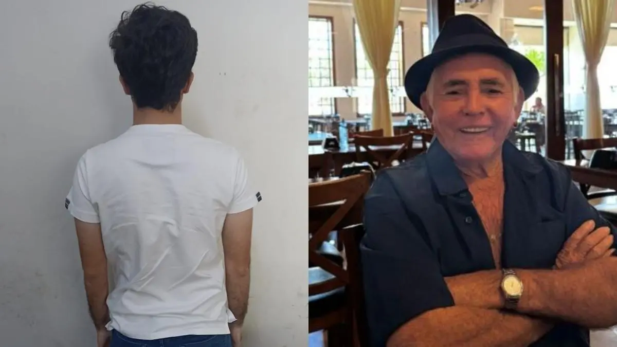 Montagem com duas fotos. À esquerda, há um homem jovem visto de costas, parado diante de uma parede branca; ele usa uma camiseta branca e jeans, com os braços relaxados ao lado do corpo. À direita, há um senhor idoso sentado em um restaurante, sorrindo, usando uma camisa azul escura, chapéu preto e relógio no pulso; ele está com os braços cruzados e mesas e cadeiras aparecem ao fundo.