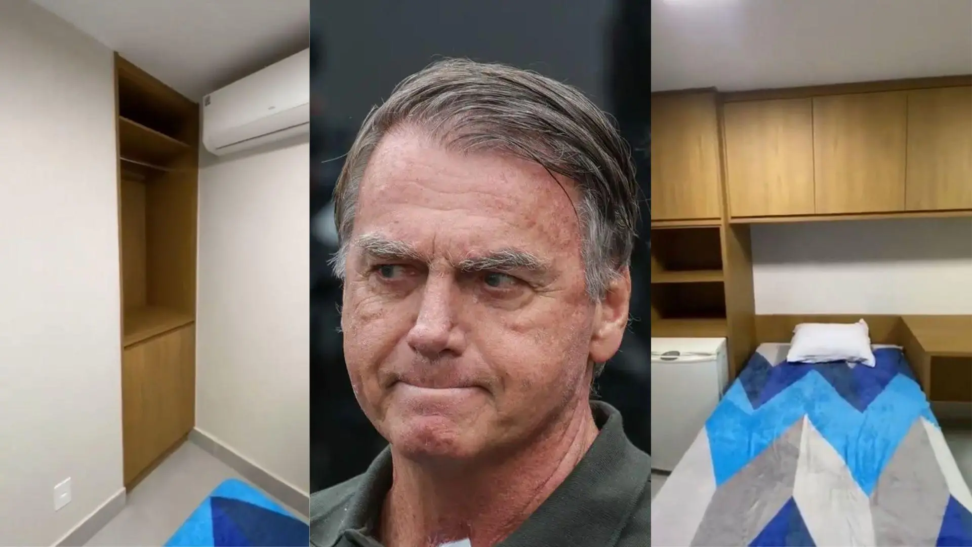 Colagem mostra uma sequência de fotos, mostrando Bolsonaro e a cela onde se encontra na PF. Imagem usada em matéria sobre pedido de conselheiro de direitos humanos para vistoriar instalação.