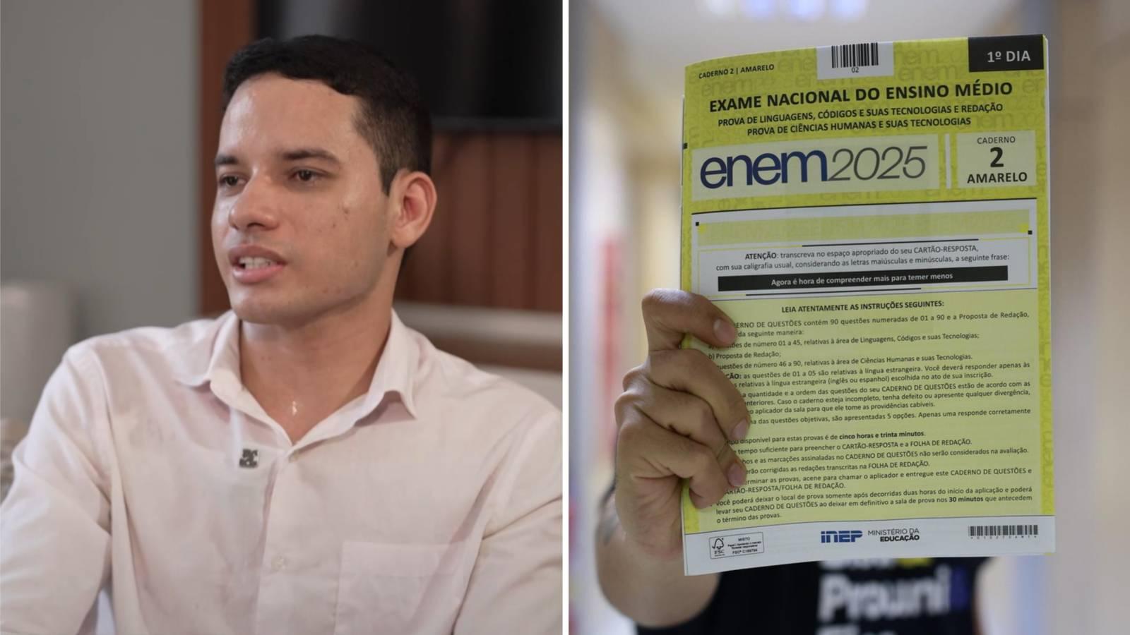Imagem mostra, à direita, pessoa caderno de questão do Enem 2025, e, à esquerda, foto de Edcley de Souza Teixeira, universitário cearense suspeito de vazar questões do Enem 2025.