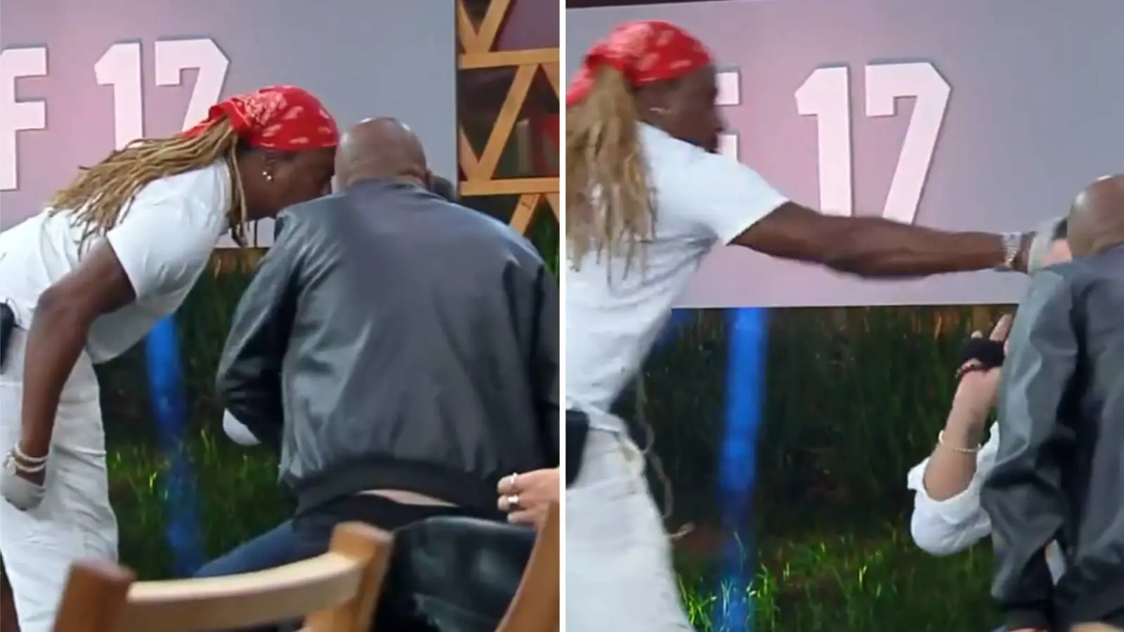 Combinação de duas imagens mostra momento em que Créo Kellab desfere soco na região da cabeça de Fabiano Moraes durante um dos intervalos do reality show a Fazenda. Agressão gerou a expulsão do ator.