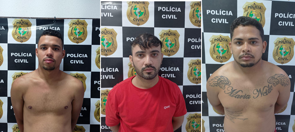 montagem com fotos dos tres suspeitos presos pela morte de um policial civil.