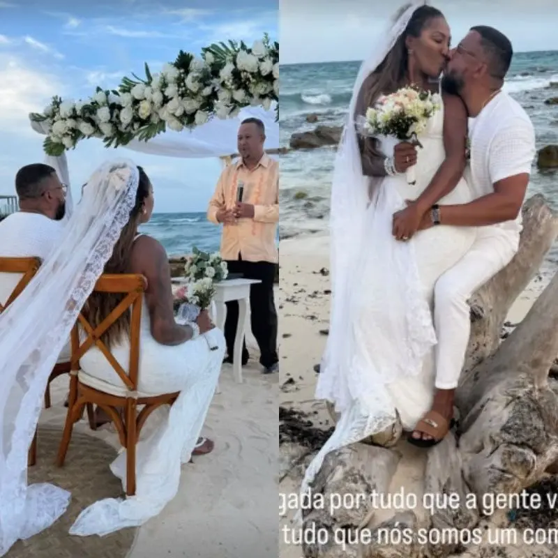 Montagem de duas cenas de casamento à beira-mar: à esquerda, noivos de costas para a câmera com celebrante e arco floral; à direita, os noivos se beijando com o oceano ao fundo.