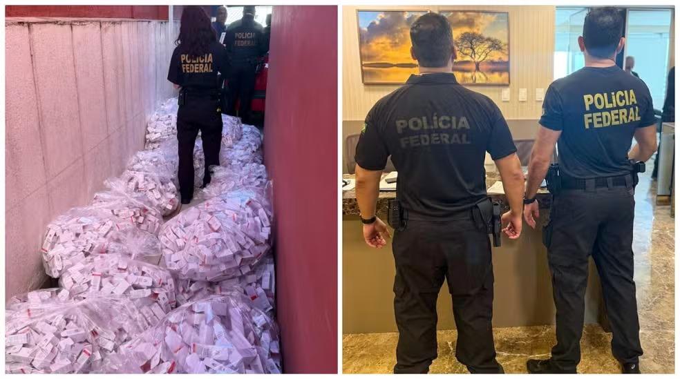 montagem de fotos mostra policiais federais em operação contra quadrilha que fabricava Mounjaro falso.