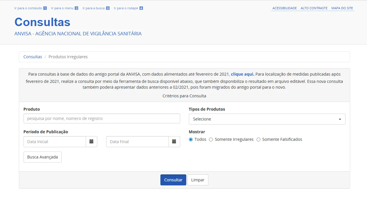 Site de consultas da Anvisa sobre produtos reprovados