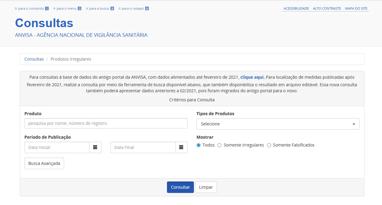 Site de consultas da Anvisa sobre produtos reprovados