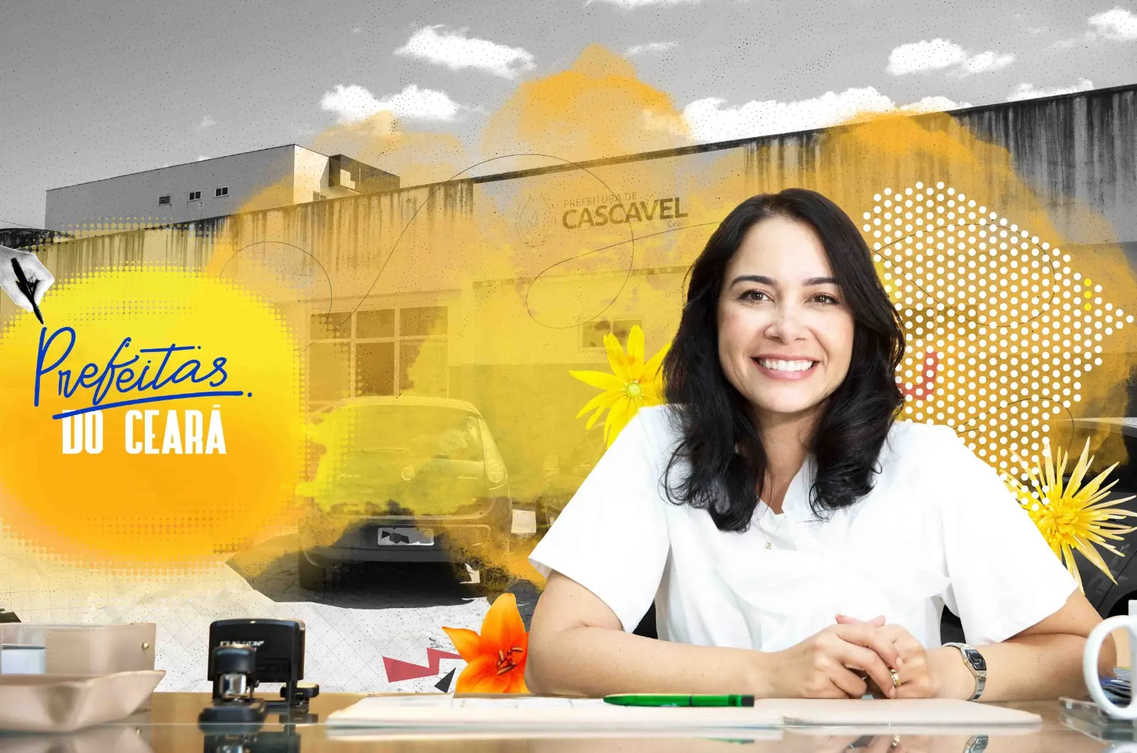 Retrato da prefeita Ana Afif Queiroz sorrindo, sentada à mesa, sobre fundo artístico com cores amarelas e elementos gráficos; ao fundo, uma foto em preto e branco de Cascavel (CE) e o texto “Prefeitas do Ceará”