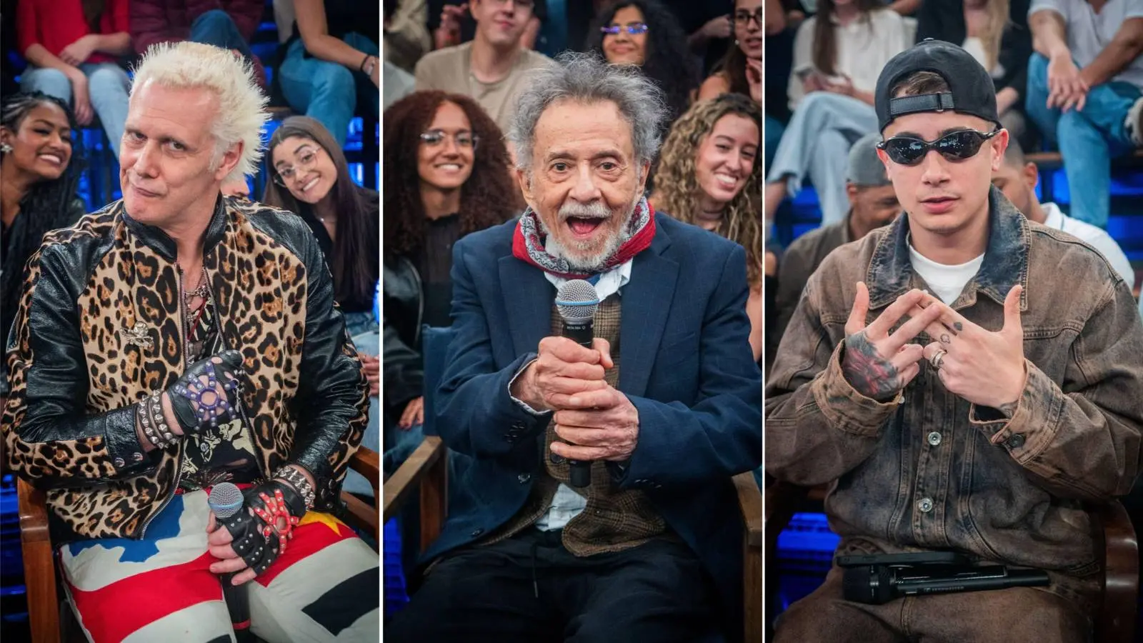 Imagem mostra colagem com fotos de Supla, Tom Zé e MC Hariel durante participação no programa Altas Horas.